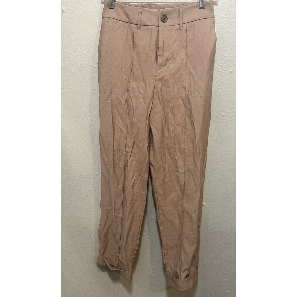 A New Day Tan Brown Cropped Pants Trousers Size 2 Elastic‎ Waist Cuffed Hem